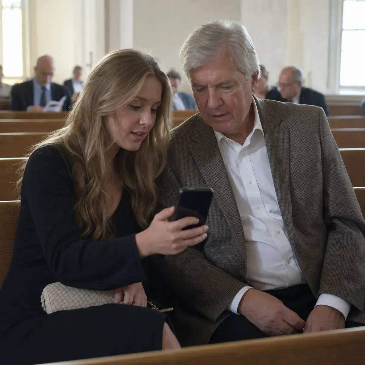 Church members sharing translated captions during a service